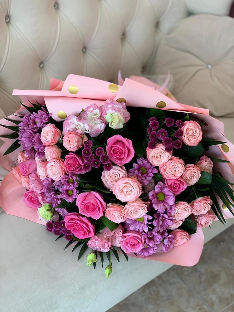 Букет цветов из: Хризантемы, Розы и Лизиантусы в Тищенском