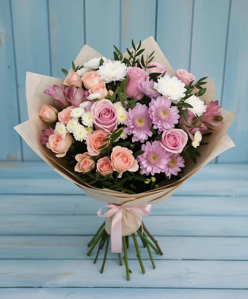 Букет цветов из: Хризантемы, Розы и Альстромерии в Тищенском