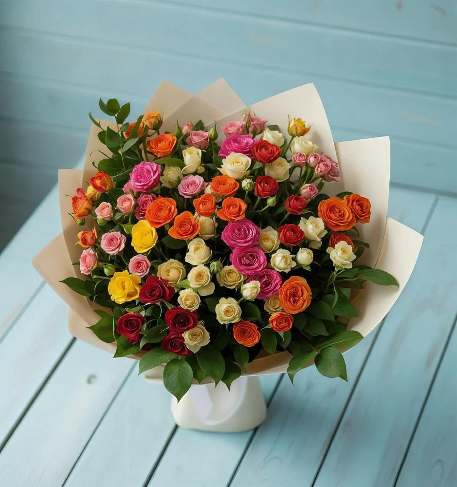 Букет Микс из разноцветных кустовых роз в Тищенском