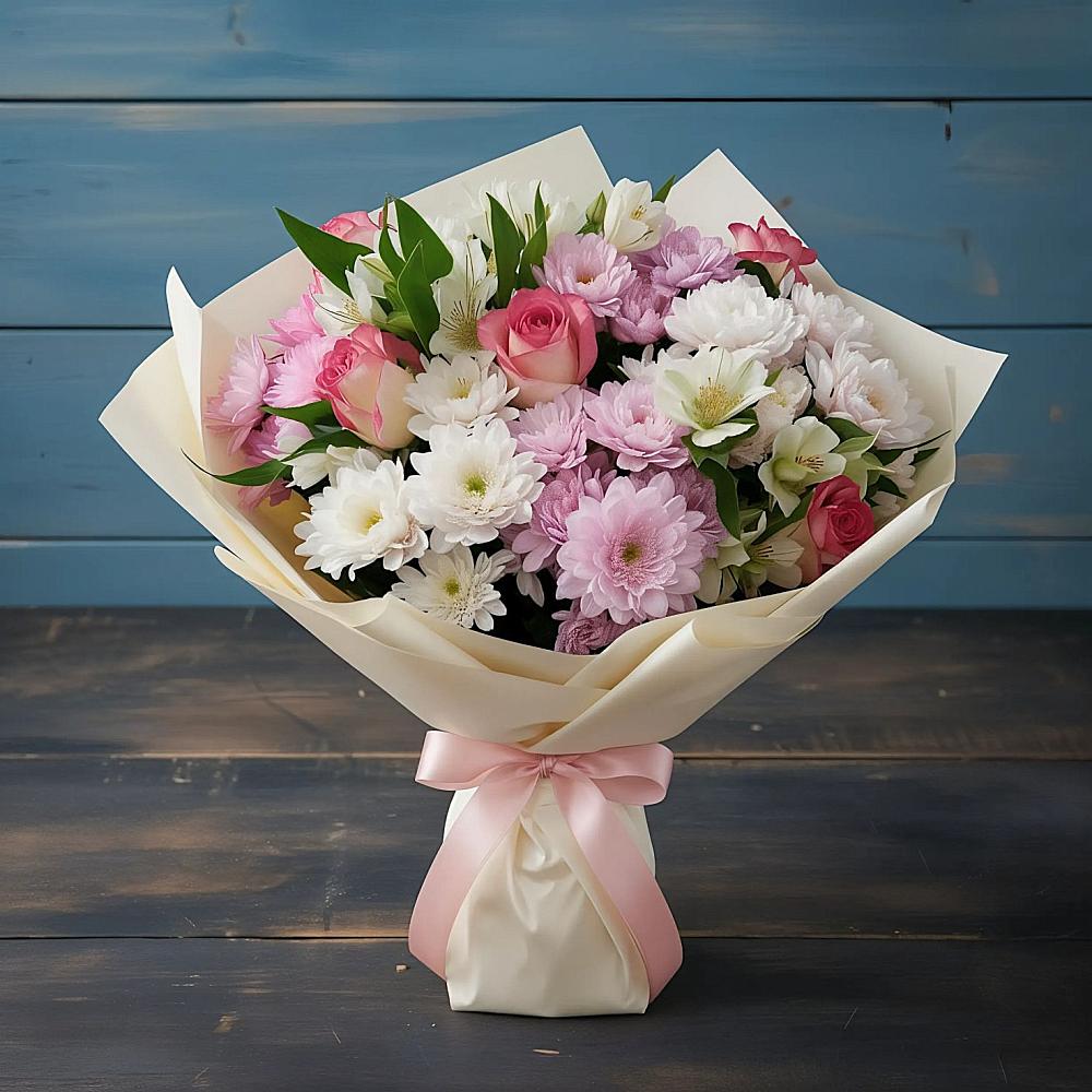 Букет цветов из: Хризантемы, Альстромерии и Розы в Тищенском